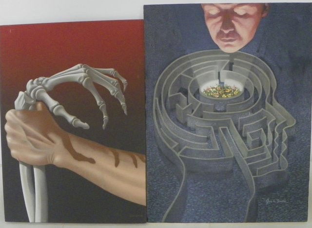 Lot of 2 surreal oil paintings on canvas signed: 1- "Hand Holding a Skeletal Hand", signed Robert Giusti, 1978. Approx. 32.5" x 24". 1- "Man Looking at a Maze Shaped as a Head", signed Joseph Smith 1979, approx. 30.5" x 22". Please read our terms of