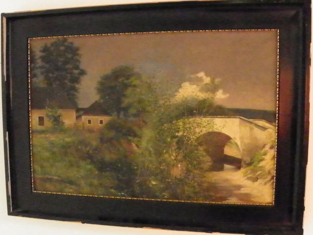 20th c. oil painting on canvas: "House with Bridge & Trees". Patched. Approx. 29" H x 31" W Please read our terms of sale.