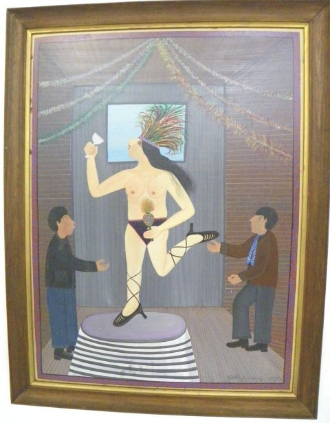 Felix Jiminez 1980 Outsider Art "Nude": Oil on board. Approx. 27" x 31" framed. Please read our terms of sale.