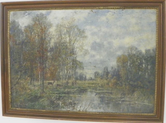 Early 20th c. oil painting signed B.J. Muller: "River Landscape with Deer", on board, dated 1918, framed, some paint loss. Approx. 31" x 43" framed. Please read our terms of sale.
