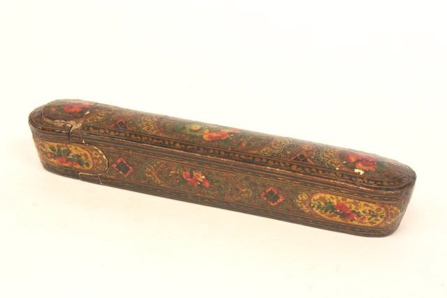 Persian papier mache pen box: With Islamic & Arabesque motifs. Approx. 8.5" L. Please read our terms of sale.