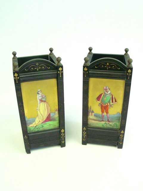 19th c. enameled on marble/slate Victorian vases: Gold highlights. Chips on feet. Approx. 8" H. Please read our terms of sale.