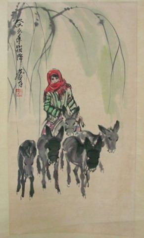 Hand painted Chinese scroll: Artist Huang Zhou, depicting "Girl in Red Shawl Riding with Dokeys". Approx. 34" x 18.5". Please read our terms of sale.