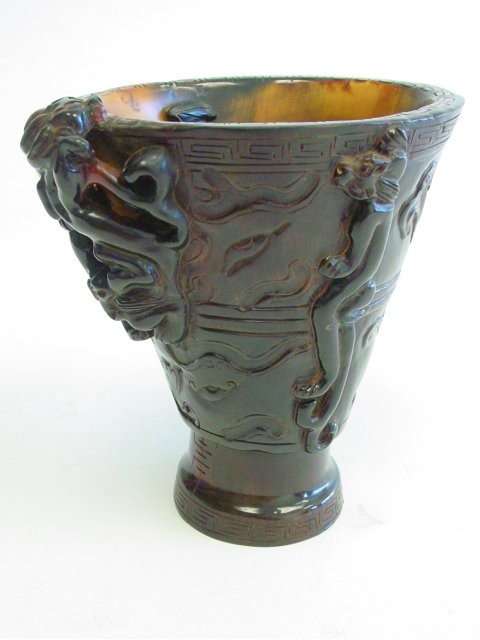 Horn cup depicting "Animals & Bats": Approx. 5.25" x 5". Please read our terms of sale.