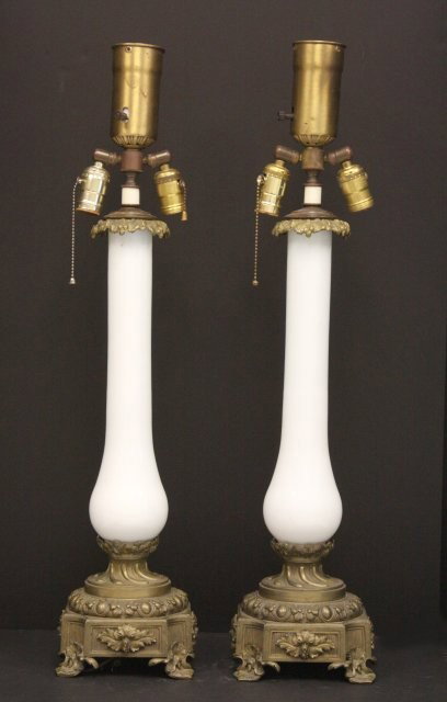 Pair opaline column lamps: Approx. 20" H to top of collar. Please read our terms of sale.
