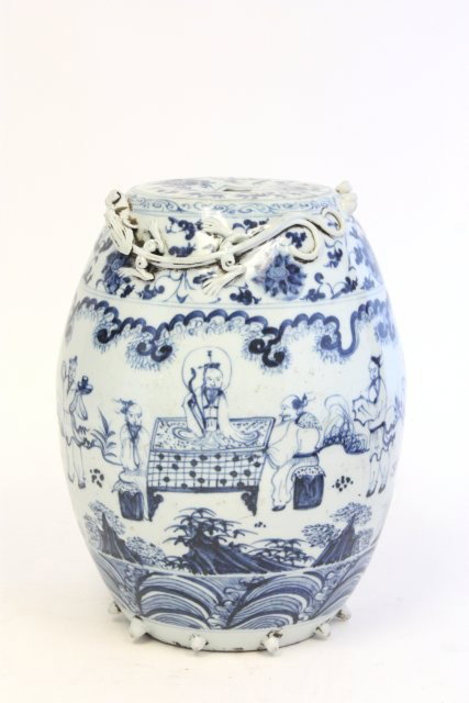 Ming blue & white porcelain garden seat: With "Dragon". Approx. 11" H x 8" L. From a collection of a Los Angeles, California professor, acquired in Singapore in the 1950's. Please read our terms of sale.