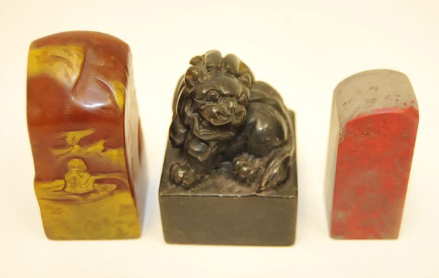 Group of 3 soapstone seals: Approx. 2" H. From a collection of a Los Angeles, California professor, acquired in Singapore in the 1950's. Please read our terms of sale.