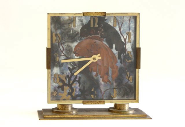 French enameled & bronze art deco desk clock: Depicting "Fish", made exclusively for Magnin & Co. Approx. 9.5" x 9.5". Please read our terms of sale.