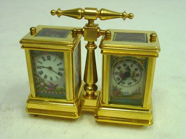 Brass & porcelain clock & thermometer: Approx. 4.5" H x 4.5" W. Please read our terms of sale.