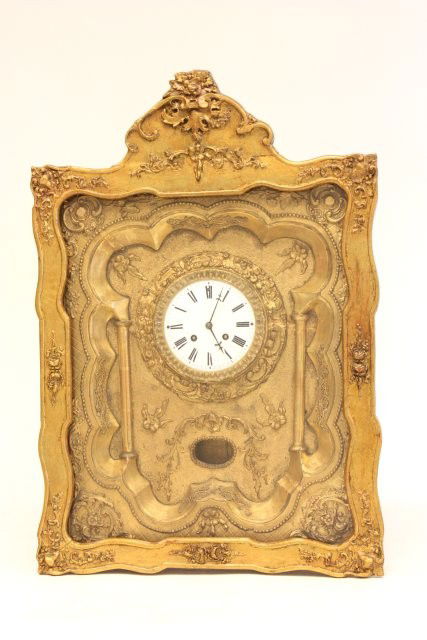 Gilt French wall clock: Arabic numerals, movement marked Scheren a Paris, visible sunburst pendulum, 8 day time & strike, ca. 1880, with key. Approx. 23" H x 16" W x 5.5" D. Please read our terms of sale.
