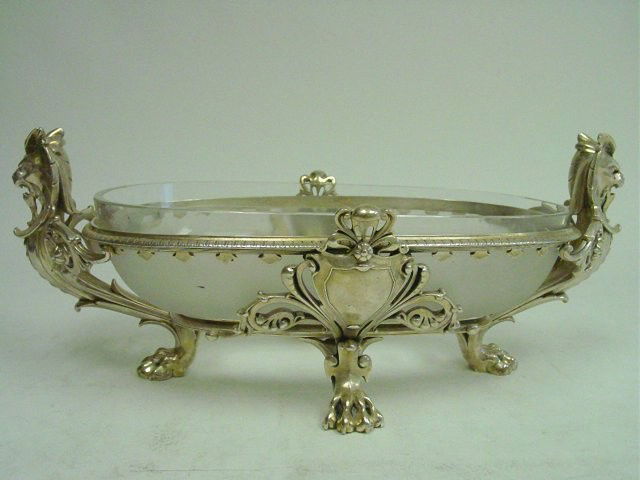 Christofle centerpiece signed: Original glass, signed on bottom. Approx. 18.5" L x 11" D x 7.25" H. Please read our terms of sale.