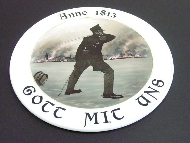German Imperial military porcelain plaque: WWI 1915 Commemorating 100 year anniversary victory Franco Prussian War, Prussian Soldier Charging his sword with burning city in background. Please read our terms of sale.