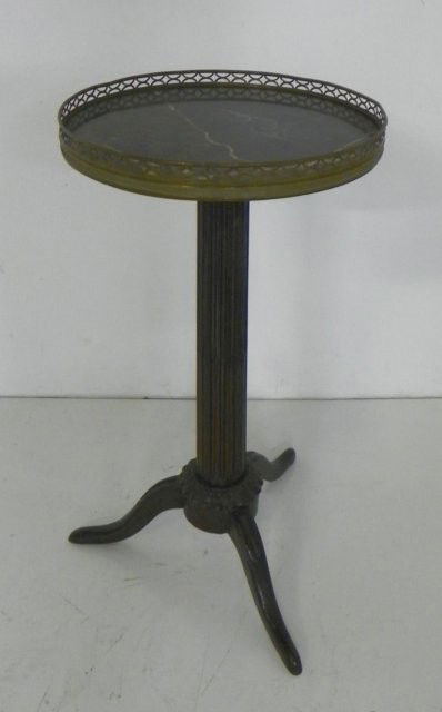 18th c. marble top pedestal leg gallery tea table: Approx. 29.5" H x 15.5" Diam. From a Port Monmouth, NJ estate. Please read our terms of sale.