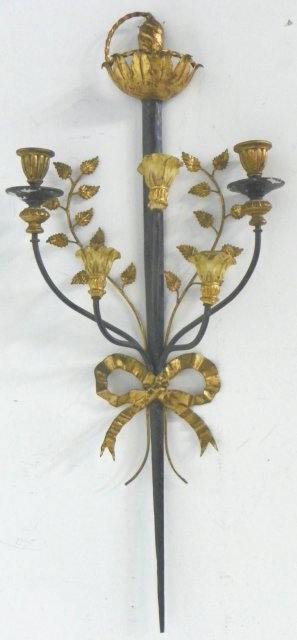 Italian tole & wood sword sconce: Approx. 39" H. From a Darien, CT estate. Please read our terms of sale.