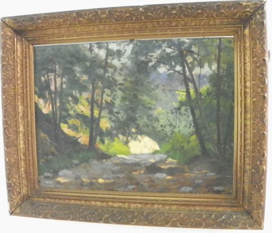 Oil painting signed Ferdinand Kaufmann: "Landscape", on board, framed. Ferdinand Kaufmann (1864-1942), California. Approx. 12" x 16", 16" x 20" framed. Please read our terms of sale.
