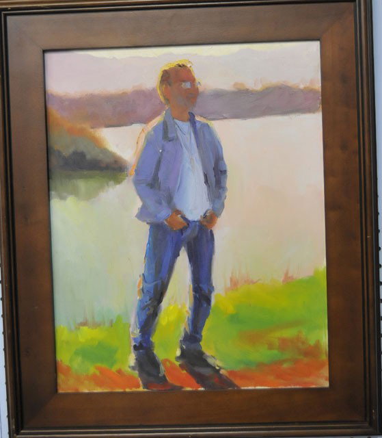 David Hockney style painting "Man at a Lake": Oil on canvas, framed, unsigned. Approx. 25.5" x 21.5". Please read our terms of sale.