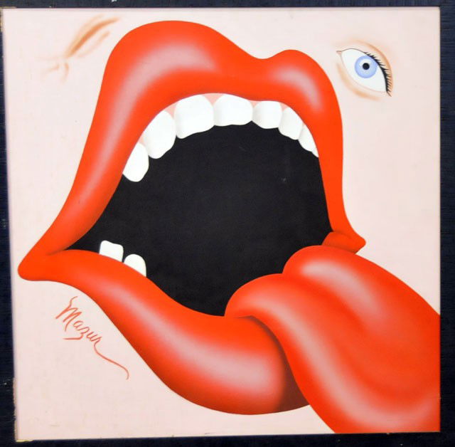 Oil painting signed Mazur: On the style of Peter Max, "Open Mouth, Lips & Teeth with Extending Tongue & Overlooking single Eye", Approx. 39" W x 39" L with black frame, 35.5" W x 35.5" image. Please read our terms of sale.