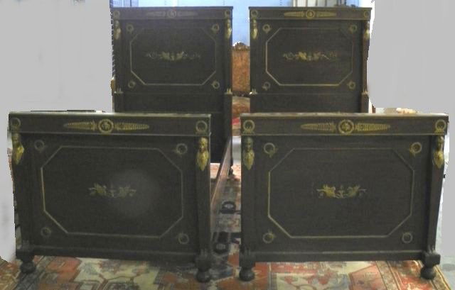 Pair French bronze mounted Empire style beds: Figural, with matching rails, missing screws, Headboard approx. 36" H, footboard 60" H x 43" W. Please read our terms of sale.