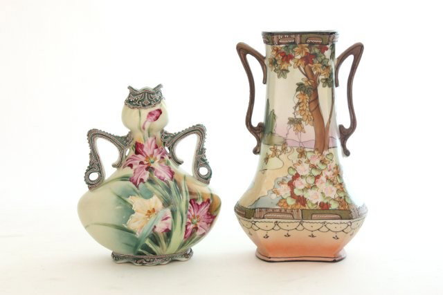2 Nippon vases with floral enamel design: Moriage trim. Approx. 7" & 9" H. From a Brooklyn estate. Please read our terms of sale.