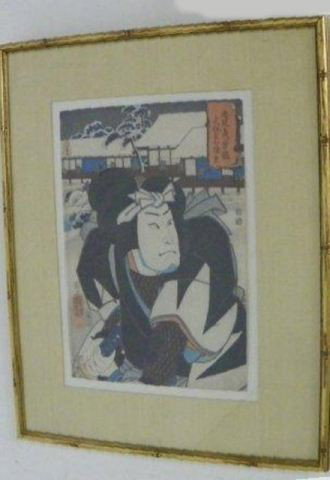 Japanese watercolor woodcut artist signed: With stamped on back dated 1850's by Kuniyoshi (1797-1861). Sold at Sidney Rothman Gallery, 2nd annual exhibit 1979. Approx. 14" x 9.5" image. From a prominent Philadelphia collection spanning 60 year