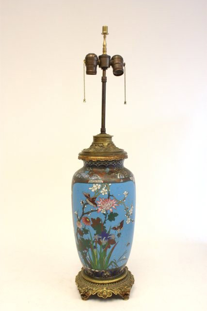 19th c. Japanese cloisonne vase: Mounted as lamp, with bronze ormolu. Approx. 17" H vase alone, 31" H overall. Please read our terms of sale.