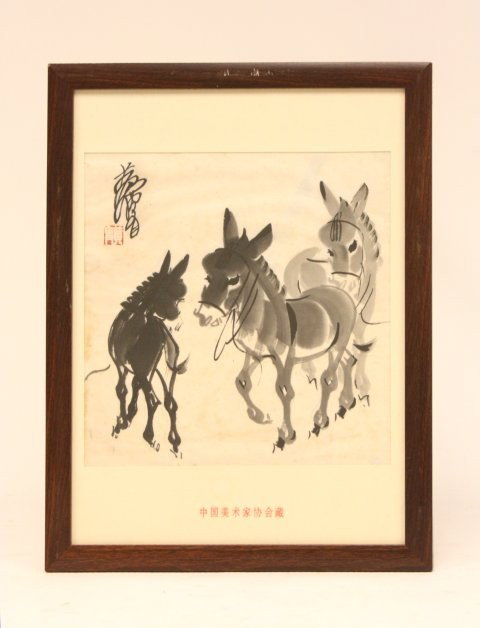 Framed watercolor "3 Donkeys": Approx. 11.5" W x 12" H. Please read our terms of sale.