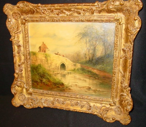 PAINTING 19TH-20TH C. O/C COVERED BRIDGE: PAINTING. 19TH/20TH C. GILT FRAMED O/C COVERED BRIDGE SGND. S.L. KILPACK (SARAH LOUISE KILPACK) APPROX. 12" X 14"