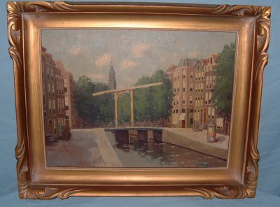 PAINTING O/C TOWN SCENE SGND. C. WAUTERSE: PAINTING. O/C TOWN SCENE W/FIGURES & BRIDGE SGND. C. WAUTERSE CIRCA 1920'S
