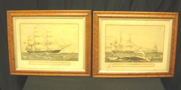 LATE 19TH C. 2 PRINTS SHIPS: ART. LATE 19TH C., 2 BIRDS EYE MAPLE FRAMED PRINTS OF SHIPS "WHALING THE UNCAS" & "THE CLIPPER SHIP" APPROX. 20" W X 14" H