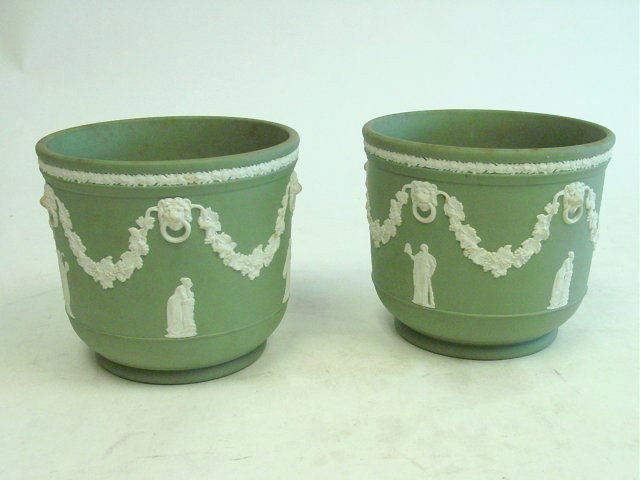 Pair of green Jasperware planters: Approx. 6.25" x 7."
