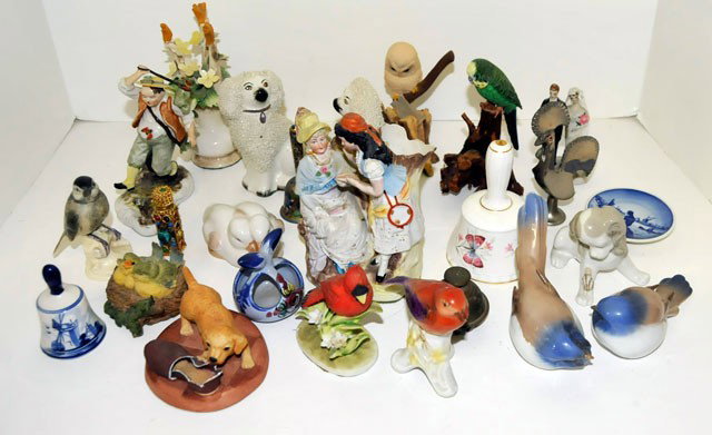 Lot of B & G, Copenhagen smalls: Including: "Duckling" grouping, 2 "Birds", miniature dish with "Mermaid on Rock", 2 Staffordshire "Dogs", cloisonne bell, snuff bottle & assorted bird & dog & figures. Assorted sizes from 1/2" x 3.25"