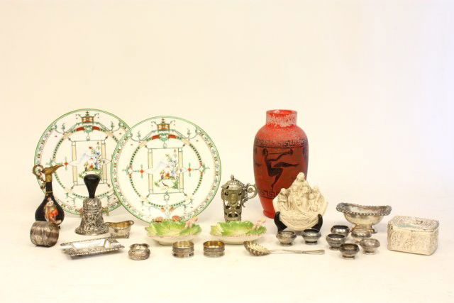 Group lot of porcelain & silverplate smalls: Including: 2 Royal Worcester plates, signed art glass vase, plaster carving, porcelain grouping & ormolu mounted ewer. 25 pieces in total.