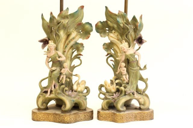 Pair Royal Dux style figural vases: Mounted as lamps. Approx. 20" H.