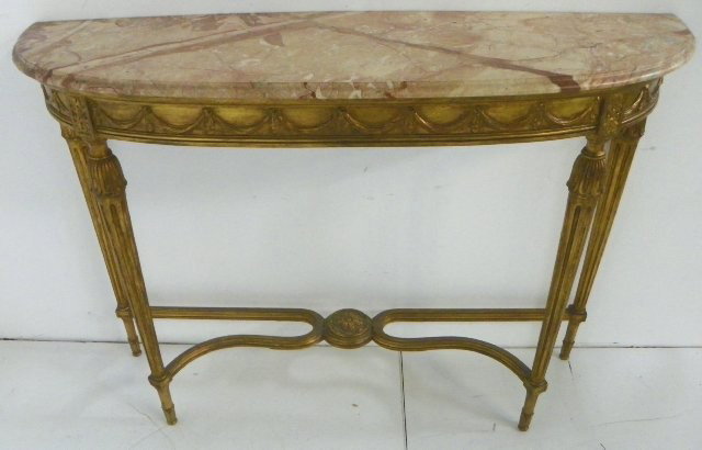 Gilt demilune marble top console table ca. 1960: Approx. 50" x 36".