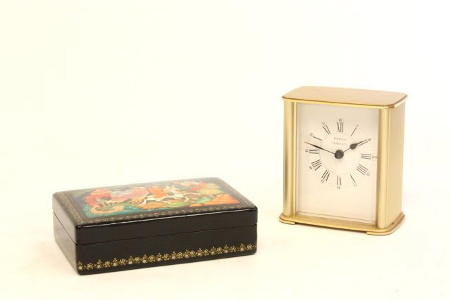 Tiffany quartz clock & Russian lacquer box: Clock approx. 4" x 3.5". Box is signed, approx. 5" W x 3.5" D x 1.75" H.