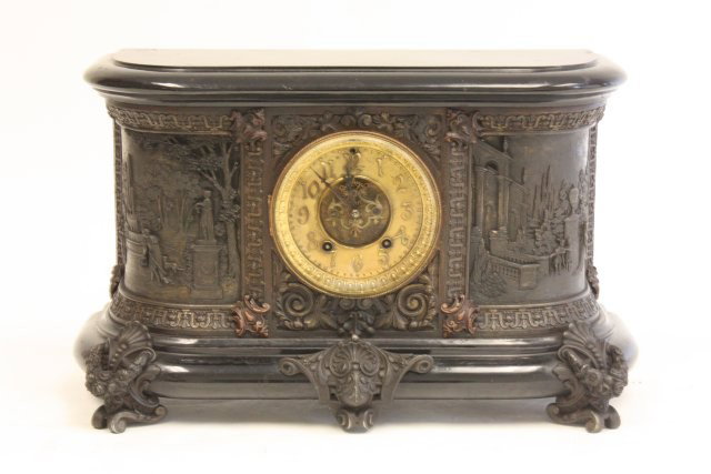 19th c. figural bronze & marble mantle clock: Original Ansonia works, with bronze scenic relief. Not working presently. Approx. 20" x 13" x 8" D.