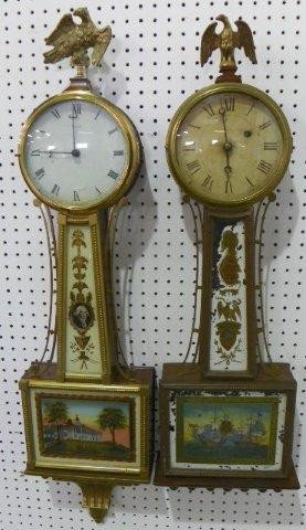 2 Banjo clocks: Period antique weight driven banjo clock with paint loss on face. Companion clock case depicting George Washington.