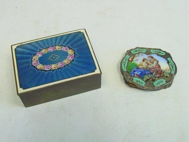 European enamel compact & Austrian box: Compact is 800 silver depicts "Courting Scene". Approx. 2.5" x 2.25" & 1.25" H x 3.5" x 2.75". Box is enameled.