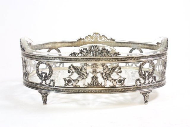 800 silver German(Posen) & crystal centerpiece: Depicting "Winged Griffons". Approx. 4.25" H x 11" W x 7.5 D, 450 grams, 14.4 ozt.