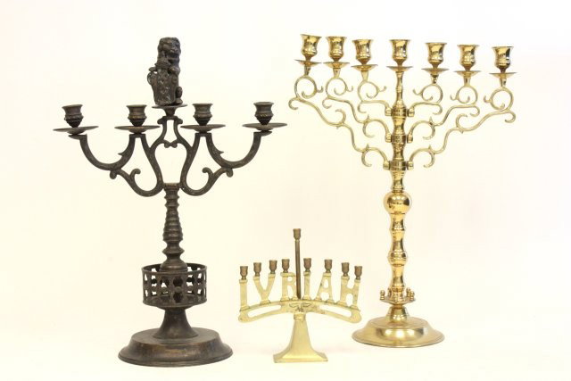 Lot of Judaica: 1- Brass Menorah, approx. 8.5" H. 1- Brass candelabra, approx. 21" x 16". 1- Antique brass European candelabra, possibly 19th c.