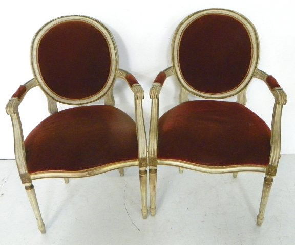 Pair white painted oval back Louis XVI fauteuils: Approx. 38.5" H x 22.5" W x 20" D.