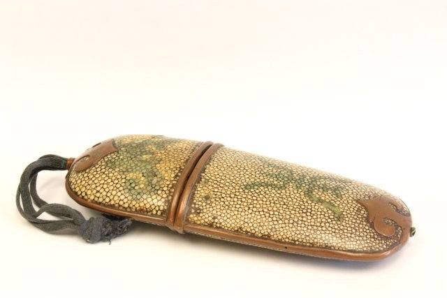 Chinese wood & copper spectacle case: Shagreen wood. Ca. 1920. Approx. 7" x 2.75".