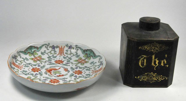 Tin paint decorated tea box & porcelain plate: Tea box approx. 6.75" H. Porcelain floral plate with JiaQing mark (after Qianlong) approx. 9" Diam. x 2" H.
