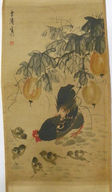 Chinese scroll painting of "Cock": With signature of Wang Xue Tao. Approx. 38.5" x 22". Artist's signature not guaranteed.