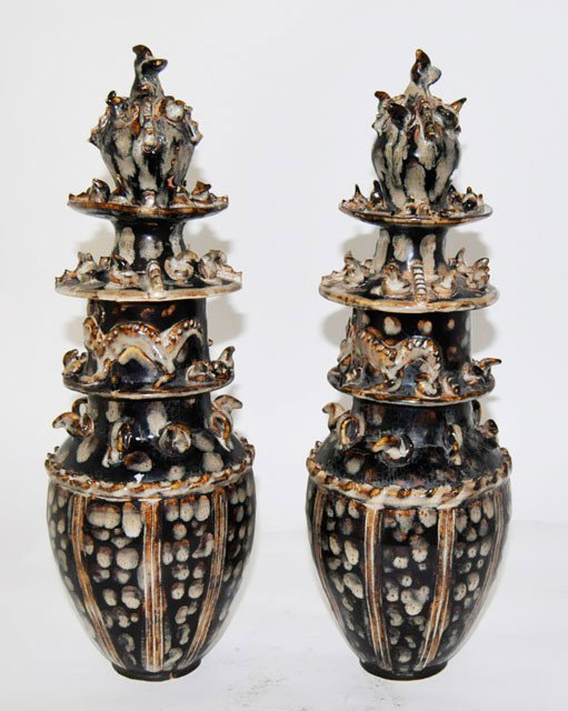 Pair Korean pottery covered urns: Seashell design. Cream, brown and green finish. Approx. 16"H. From a Brooklyn estate.