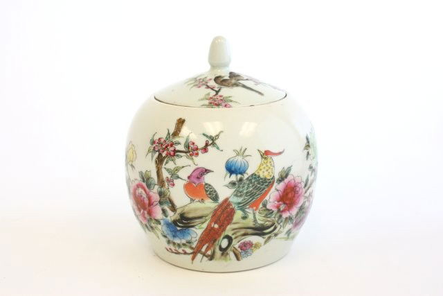 Early 20thc Chinese covered ginger jar: 'Birds on Branches,' Jian tong. Approx. 5.5"H.