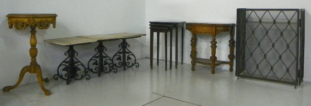 Group lot of furniture: 1- Iron fire screen. 1- Nest of tables. 3- Granite top tables. 1- Claw foot table. 1- table with small drawer.