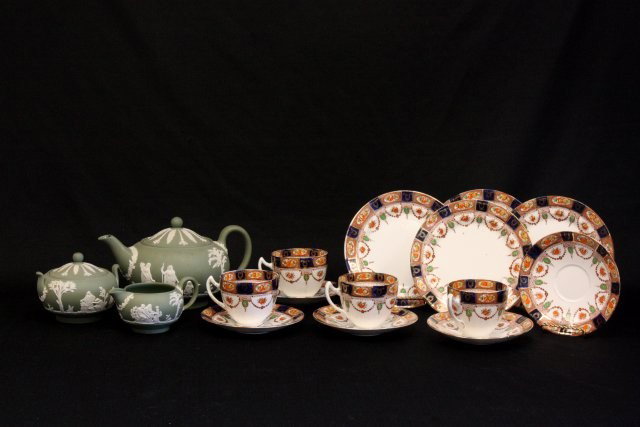 Green Wedgwood Jasperware tea set: And English cups & saucers.