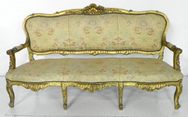 French style gilt framed couch "Floral" design: With 6 legs. Approx. 80" W x 46" H x 29" D.