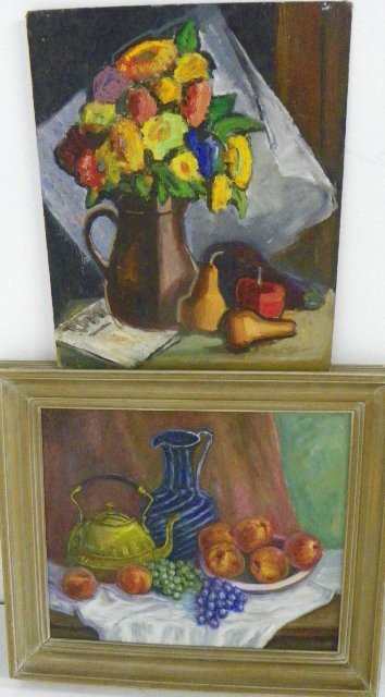 2 oil paintings of still lifes 1 signed: 1- Framed still life of "Fruit", signed lower right Mildred S. Gehman, approx 20" x 24". 1- Unframed, still life on artists board, no signature, approx. 24" x 19.75".